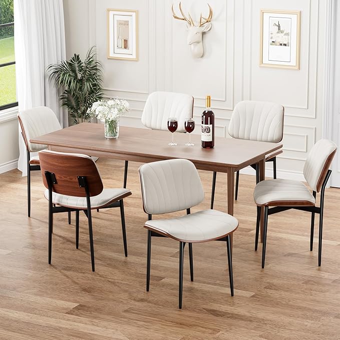 Dining Chairs Set of 4, Mid-Century Modern Upholstered PU Leather Chairs with Walnut Bentwood Back and Metal Legs Adjustable Feet for Kitchen Dining Room, Off-White Shell Strips