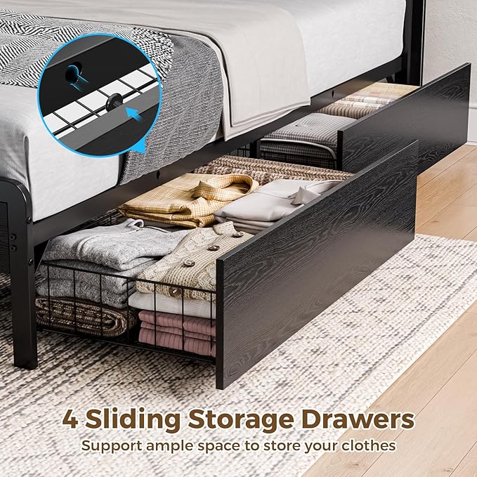 Bed Frame Twin Size with Charging Station and LED Lights, Upholstered Storage Headboard with 4 Drawers, Heavy Duty Metal Slats, Noise Free, Easy Assembly, No Box Spring Needed