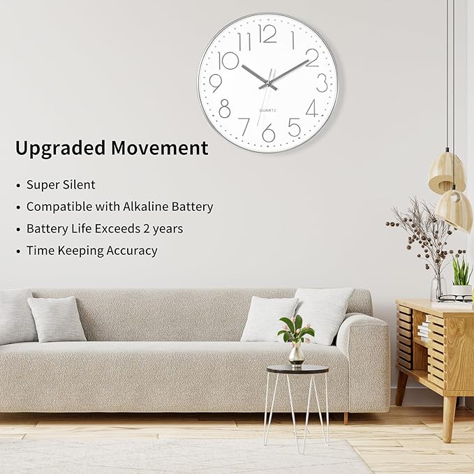 Foxtop Silver Wall Clock Silent Non-Ticking Battery Operated Round Modern Wall Clock for Office School Home Living Room Bedroom Bathroom Kitchen Decor 12 inch