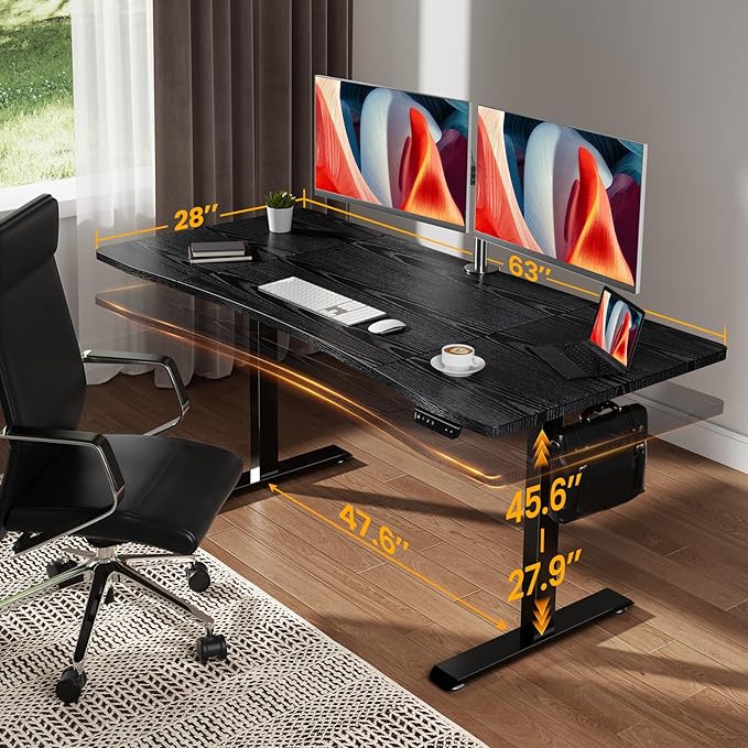 Veken 63 x 28 Inch Electric Standing Desk, Sit to Stand Up, Work Home Office Computer Table for Study, Walking Pad, Writing, and Games, Wooden Desktop Desks, Black