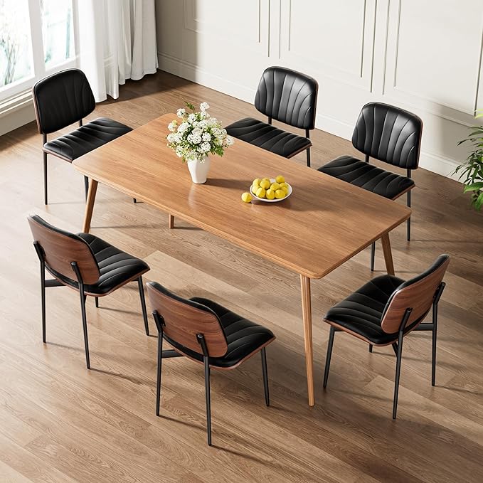 Dining Chairs Set of 2, Mid-Century Modern Upholstered PU Leather Chairs with Walnut Bentwood Back and Metal Legs Adjustable Feet for Kitchen, Black Shell Strips