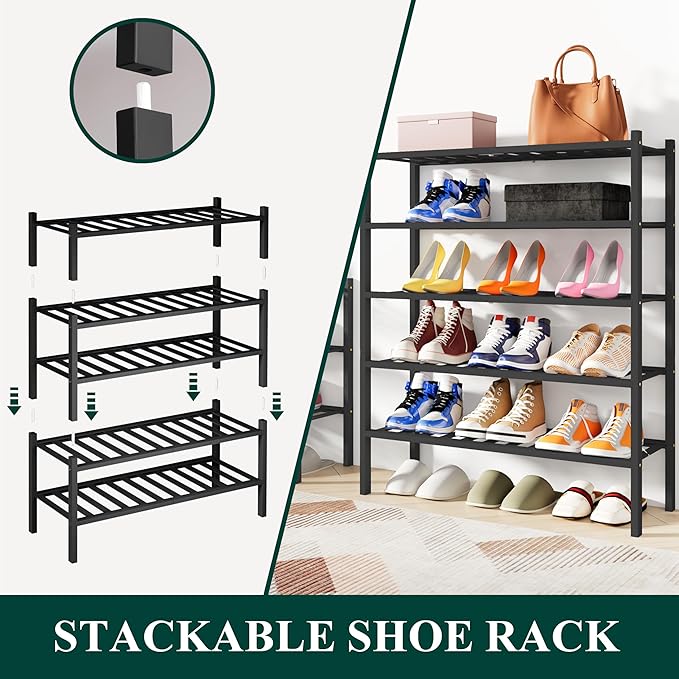 Smiry Shoe Rack, 5 Tier Bamboo Shoe Organizer, Stackable Free Standing Wooden Shoe Storage Shelf for Closet, Entryway, Front Door Entrance, Black