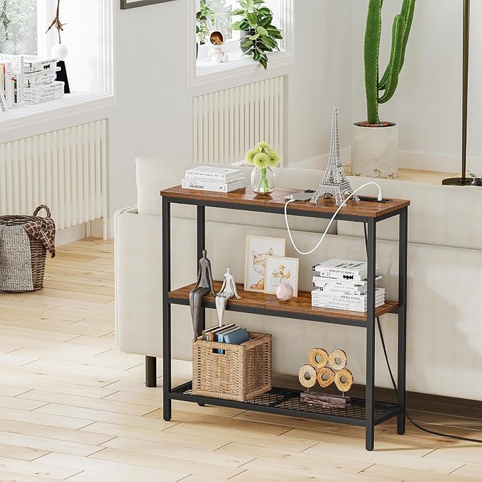 Snughome Console Table with Power Outlets, Entryway Table with Storage, Narrow Sofa Table with 3 Tier Shelves, 2 USB Ports, 2 Power Outlets, Hallway Table for Couch, Living Room, Entrance