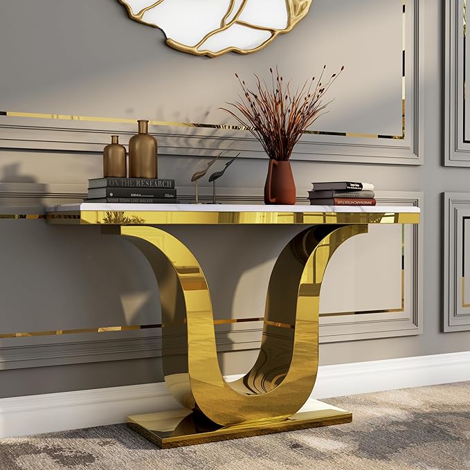 Gold Console Table, White and Gold Living Room Sofa Table, 50" Rectangle Console Table for Entryway, Living Room, Office, Foyer, Front Hall, Hallway