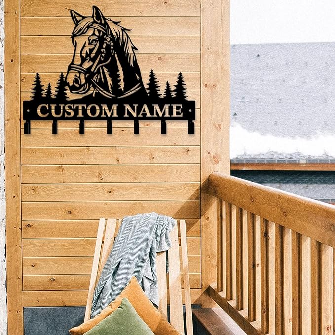 Personalized Custom Name Farm Horse Wall Key Hooks,Metal Horse Art Clothes Hooks,Metal Horse Wall Home Storage Decorative,For Front Door, Hallway, Kitchen, Bedroom,Keys,Hats (Style L)