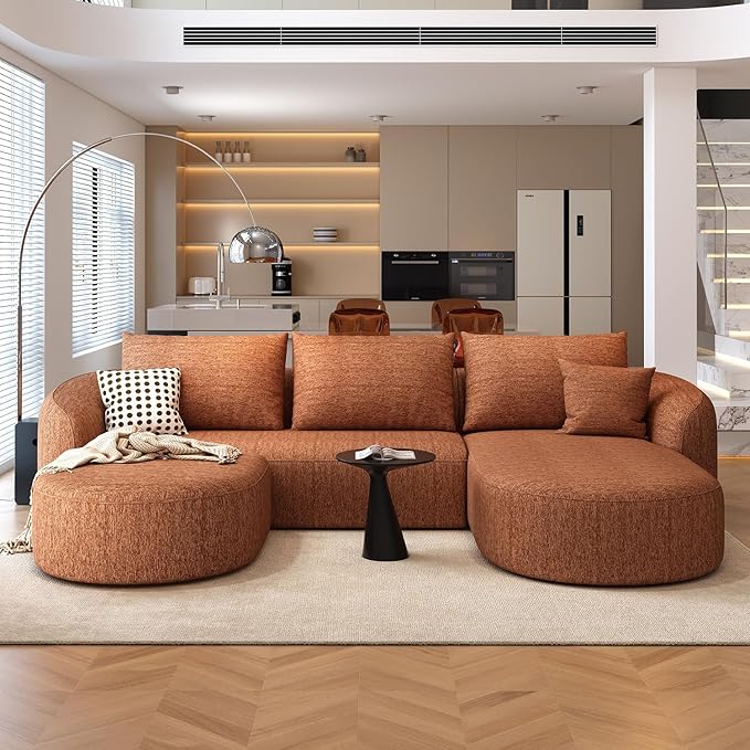 111" Modular Sectional Couches Luxury Modern Curved Back U-Shape Sofa Set with Ottoman,Minimalist Comfy Boneless Cloud Couch for Living Room Apartment,(Right Facing Chaise,Orange)