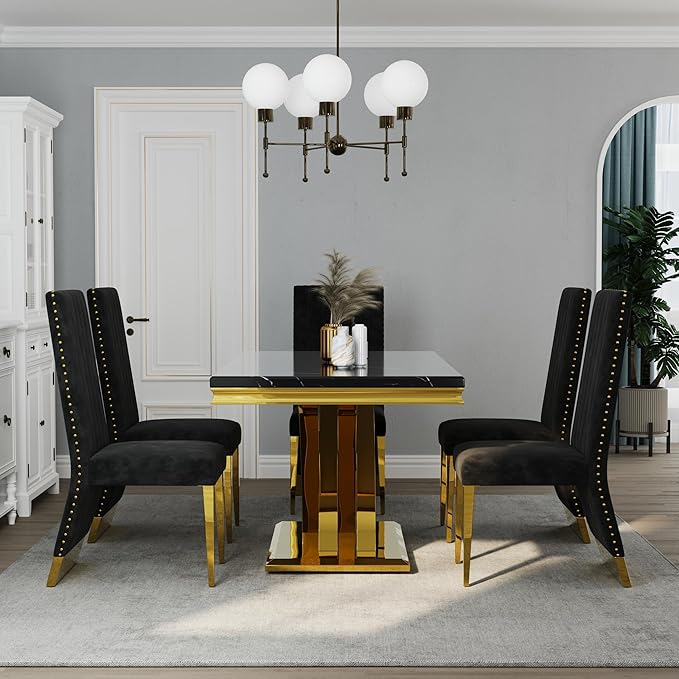 AUZ Black and Gold Dining Chairs Set of 8, Black Velvet Upholstered Dining Room Chairs with Nailhead Trim, Modern High Back Dining Chairs with Gold Legs