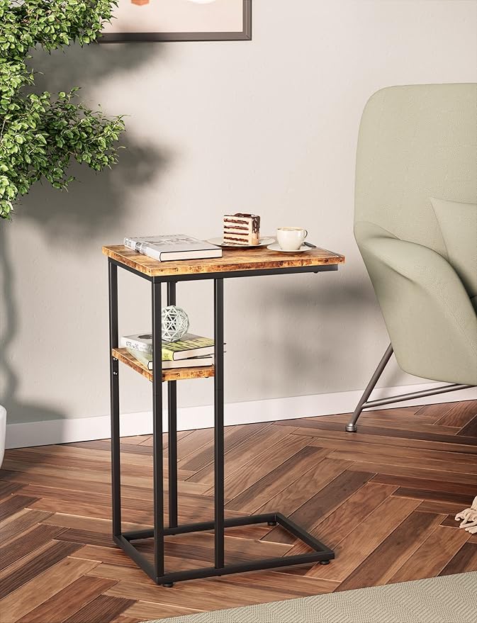Innerjoin Slim C Shaped End Table, C Side Table for Sofa, Couch and Bed, Tv Tray Table fits Small Space, Living Room Bedroom, Rustic Brown