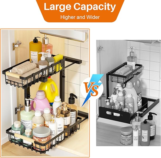 REALINN Under Sink Organizer, Height Adjustable Under Sink Organizers and Storage, 2 Tier Pull Out Drawer Cabinet Storage for Kitchen Bathroom, 1 Pack