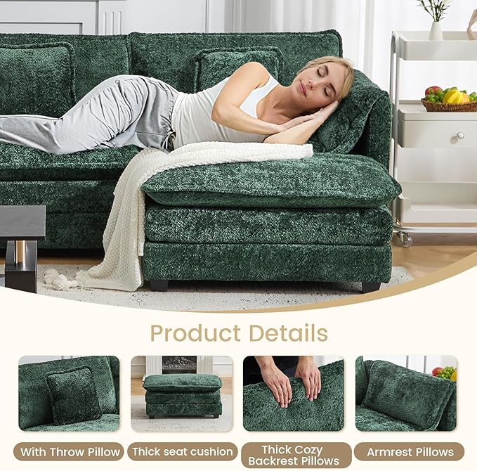 112" U Shaped Modular Sectional Sofa, 3 Seater Comfy Cloud Couch with Movable Ottoman, Deep Seat Couches for Living Room, Bedroom, Apartment (Green)