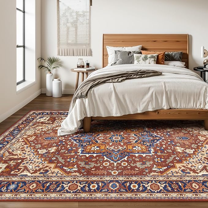 Moynesa Ultra-Thin Washable 8x10 Area Rugs for Living Room, Boho Oriental Rugs for Bedroom Non-Slip Non-Shedding, Large Vintage Carpet for Dining Room Home Office Decor, Brown/Multi