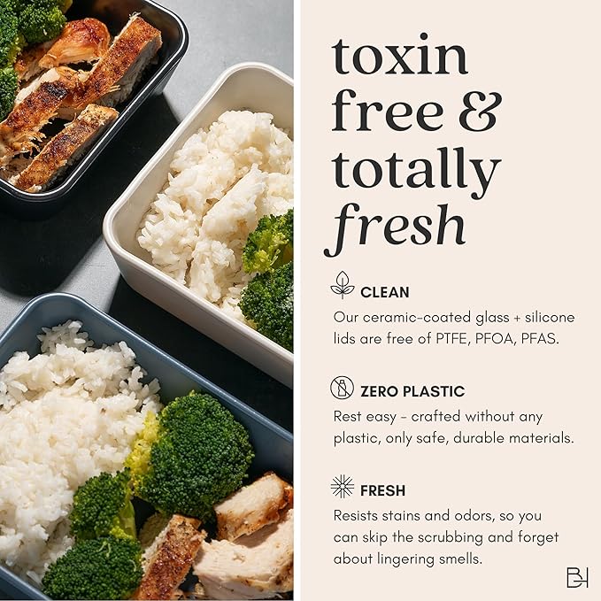 Ceramic Coated Glass Food Storage Container | No PTFE, PFOA, PFAS, and BPA | Reusable Non Toxic Meal Prep Container with Glass Lid | Easy To Store | 3 Cup Rectangle [Onyx]