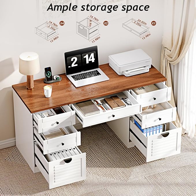 59" Home Office Desks, Executive Desk, Farmhouse Computer Desk with 7 Drawers and Charging Station, File Drawer, Rustic Computer Writing Desk,Antique Cream