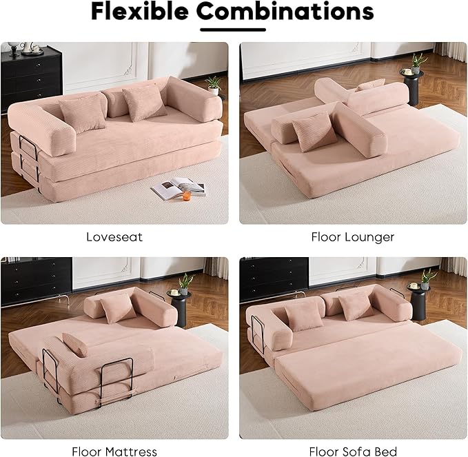 Convertible Folding Couch Bed, Comfy Corduroy Sleeper Floor Sofa Bed with Fixed-Shape Frame, Floor Sofa with Armrest, Lounge Couch for Living Room Bedroom Lounge Studio,Pale Pink