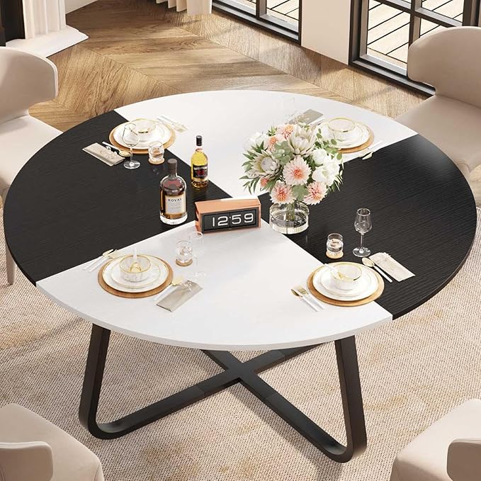 LVB Round Dining Table for 4 to 6 People, Industrial Wood Dining Room Table,51 Inch Farmhouse Kitchen Table for Home Kitchen Living Room,Black and White Oak