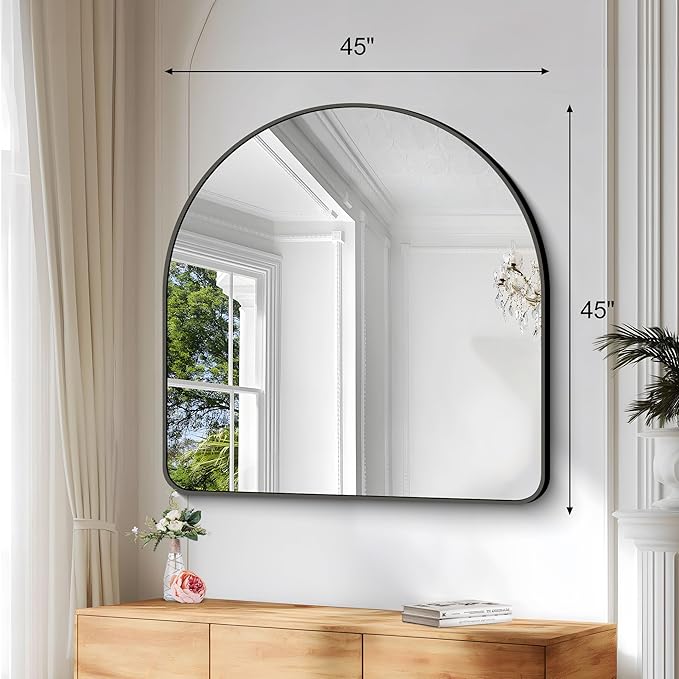 Arched Bathroom Mirror, 45"x45" Black Arched Mirror for Bathroom, Wall Mounted Mirror, Black Vanity Wall Mirror Metal Frame for Bedroom, Entryway, Living Room, Hanging or Leaning Against Wall