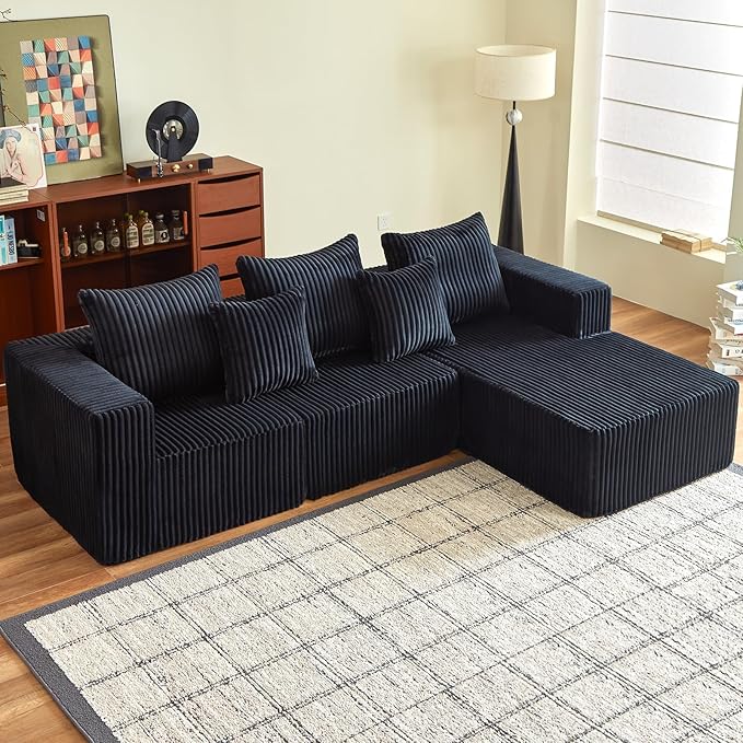 Boneless Sectional Sofa, 100.7" Cloud Couch with Wide-Wale Corduroy, Deep Seat L Shaped Couch, All-Foam Filled Compressed Sofa for Living Room (Black, Corduroy)
