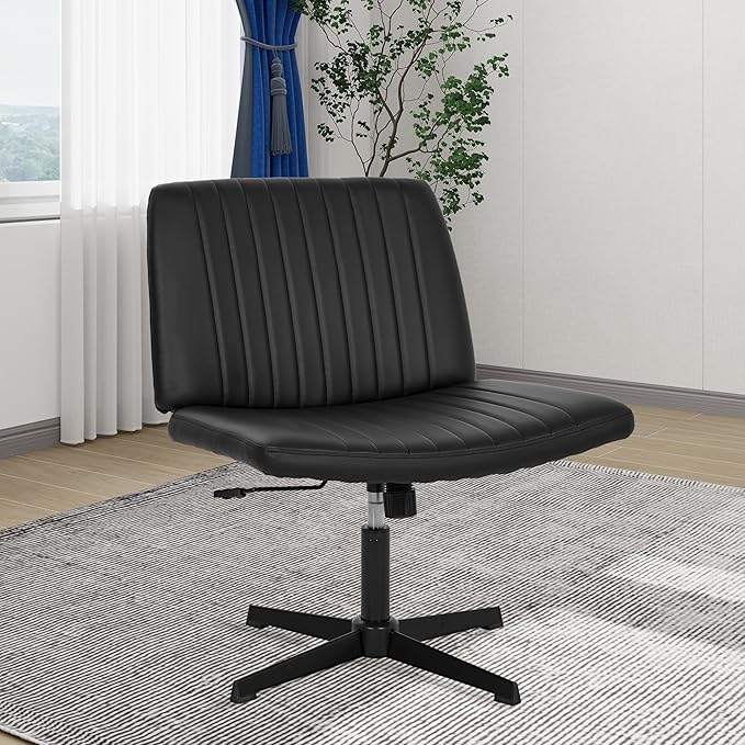 FDW Criss Cross Chair Armless Cross Legged Office Desk Chair Adjustable Swivel Ergonomic Gaming Chair No Wheels Backrest with Wide Seat Native Sponge Computer Task Vanity Chair for Home Office,Black