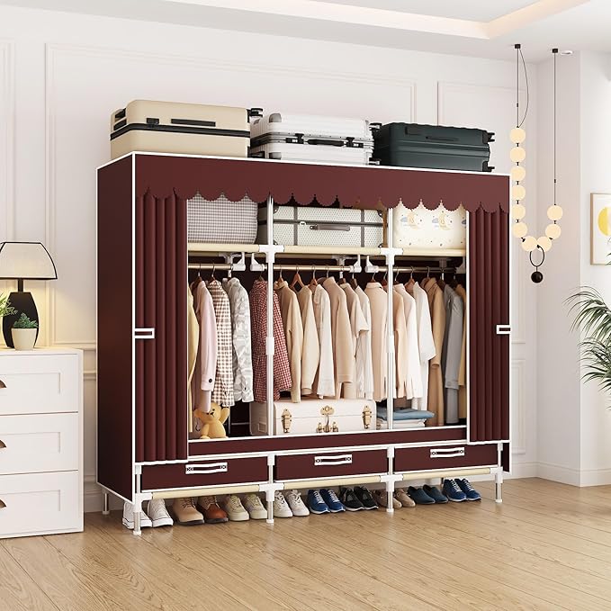 Portable Wardrobe Closet Durable and Easy to Assemble Heavy Duty Clothes Rack with Non-Woven Cover Fabric Best for Bedroom and Easy Storage and Organization (Red-A)