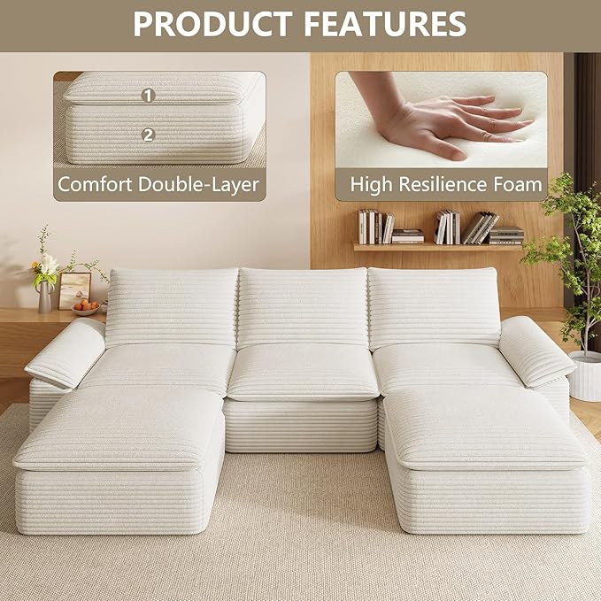 111" Cloud Sectional Couch with U-Shaped Chaise, Corduroy Sectional Sofa with Ottoman, Boneless Couch with Deep Seat in a Box for Living Room, No Assembly Required (White)
