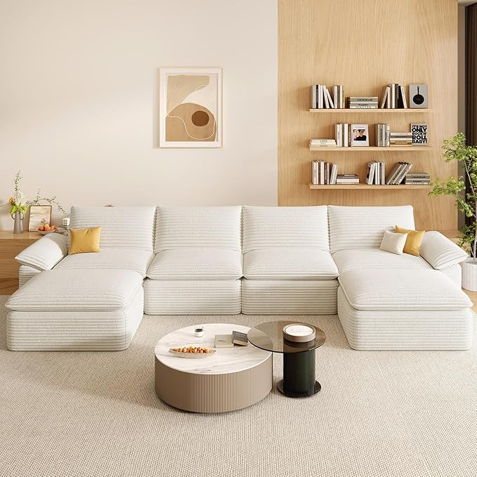 142" Cloud Sectional Couch with U-Shaped Chaise, Corduroy Sectional Sofa with Ottoman, Boneless Couch with Deep Seat in a Box for Living Room, No Assembly Required (White)
