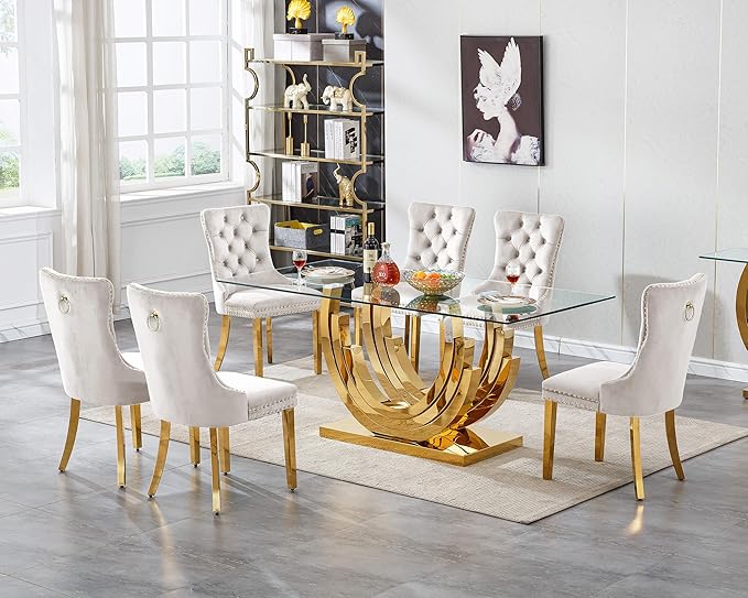 Goujxcy 70" Modern Glass Dining Table for 6-8, Luxury Gold Glass Dining Room Table with Mirrored Ring-Shape Stainless Steel Base, Rectangle Kitchen Dinner Tables for Dining Room Kitchen