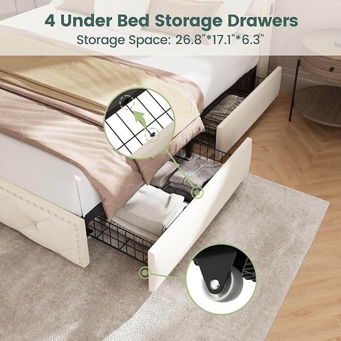 LARMACE Queen Size Bed Frame with 4 Storage Drawers and Charging Station, Velvet Upholstered Platform Bed Frame with LED Headboard, Noise Free, Easy Assembly, Beige