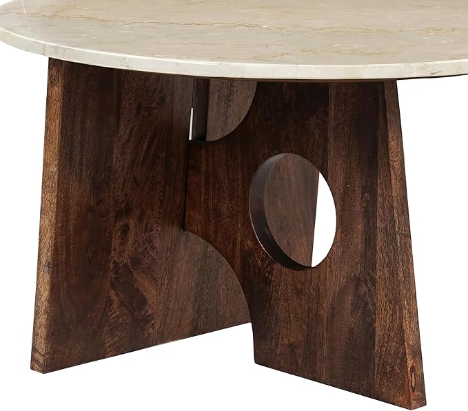TUP THE URBAN PORT Kali Coffee Table | 27" Natural Round Marble Tabletop | Dark Brown Mango Wood Sculptural Base