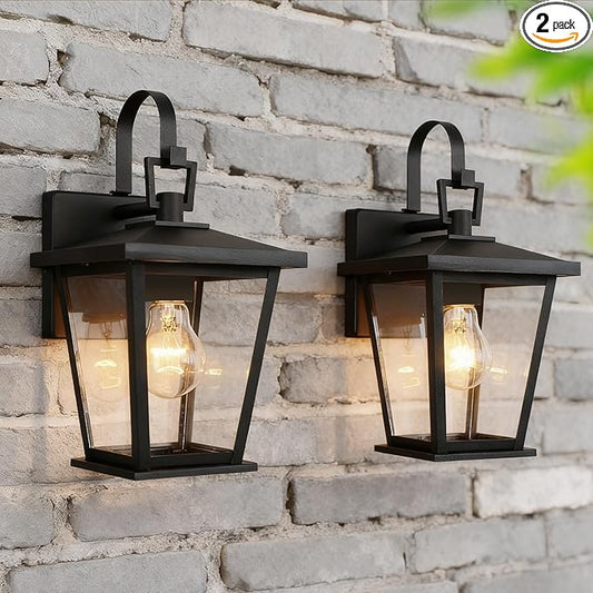 Kalium Outdoor Wall Lantern 2 Pack, Waterproof Exterior Wall Mount Light with Clear Glass in Black Finish, Porch Outside Lighting for Entryway, Backyard, Patio, E26 Base, Clear Glass 12.5 in
