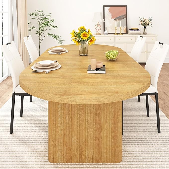 70.8 in Dining Table for 4 5 6 | Modern Natural Rectangular Kitchen Table W/Waterproof Wood Tabletop,Farmhouse Long Dining Room Tables W/Foot Pads&Wood Strip Base for Kitchen Living Room