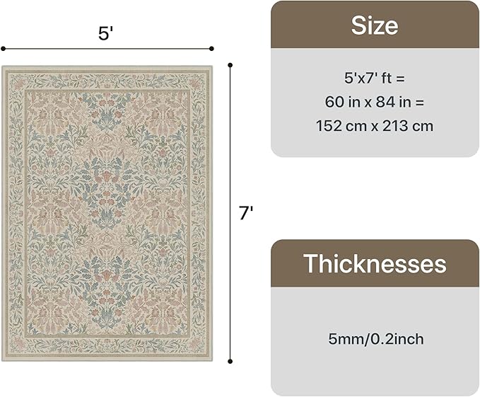 GENIMO 5x7 Washable Area Rug, Non-Slip Vintage Boho Floral Carpet, Soft Low-Pile Thin Bedroom Rug for Living Room, Dining Room, Nursery, Beige Pink