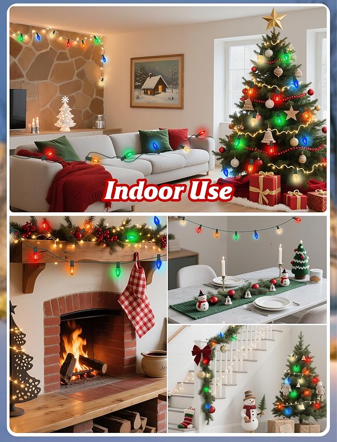 C7 LED Christmas Lights Outdoor,25FT Multicolor C7 Christmas Light with 27 0.6w Diamond Bulb Fit E12 Base,Xmas Lights Outdoor for House, Yard, Garden, Christmas Tree Decoration, Green Wire