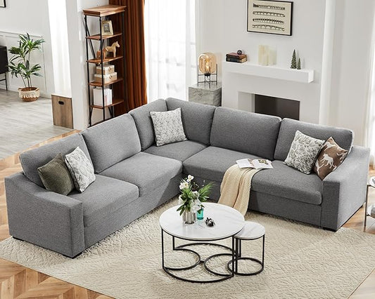 ABCASA 112" L Shaped Sectional Sofa with Detachable Sofa Cover, Reversible Sectional Modular Couch for Living Room, Linen Fabric Corner Couch with 7 Seats, Grey