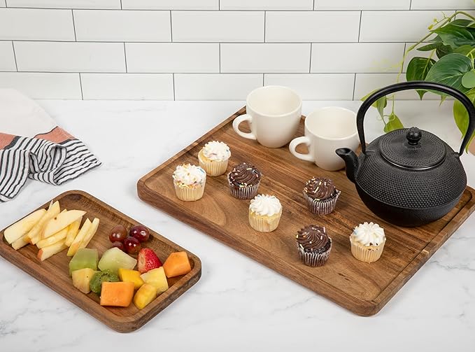 Acacia Rectangle Wooden Tray - 2 Sizes 16" X 12" and 10" X 6" - Food Safe Serving Tray - Large & Small Wooden Trays Combination - Durable Wood Display Tray for Coffee Party or Home Decor