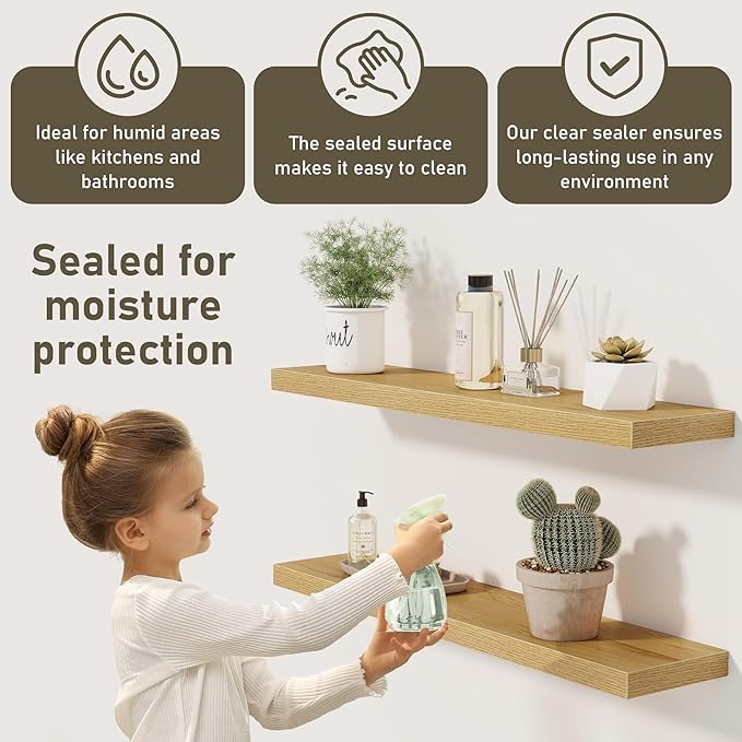 Floating Shelves Wall Shelf 40 Inch, 8 Inch Deep Floating Shelf for Wall, Farmhouse Black Wood Shelves Invisible Bracket for Living Room, Bedroom, Kitchen, 40 x 8 x 1.4 Inch, Set of 2, Oak Color