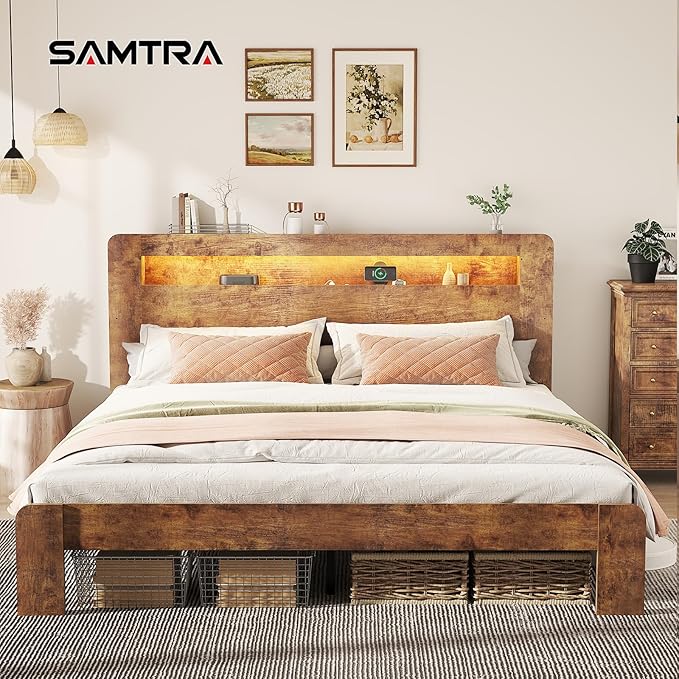 Wooden Bed Frame King Size with Storage Headboard - Farmhouse Platform Bed Frame with Bookcase Shelf & Led Lights, Sturdy Wood Slat Framework Bed Frame (Rustic Brown LED)