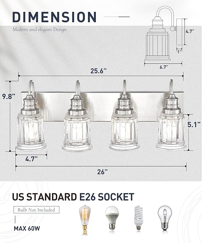 Brushed Nickel Bathroom Light, HWH 4-Light Vanity Lights for Bathroom Vanity Sconce Over Mirror, Wall Mounted Light Fixtures with Bell-Shaped Striped Glass, 5HZG106B-4W BN