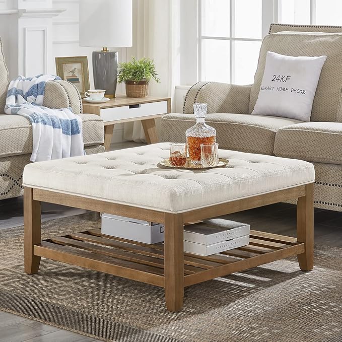24KF Large Square Upholstered Tufted Linen Ottoman Coffee Table, Large Footrest Ottoman with Solid Wood Shelf-Ivory
