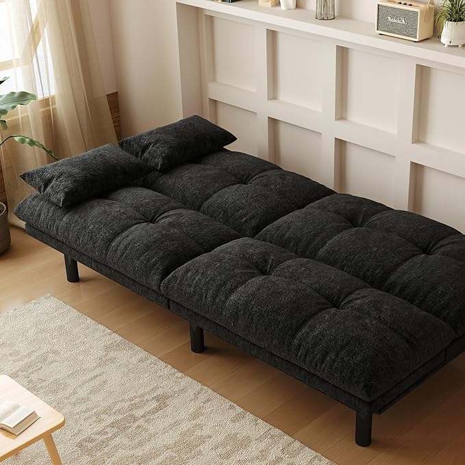 Futon Sofa Bed Convertible 70 inch Solid Wood Couch for Living Room, Chenille Fabric, 2 Cushions (Black)
