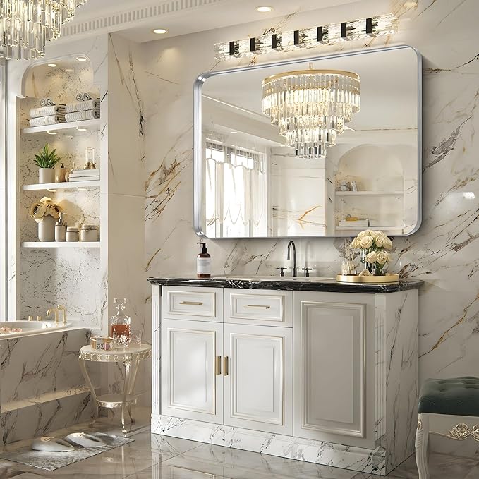 FORBATH 48x40 Inch Large Bathroom Mirror, Brushed Silver Deep Frame Wall Mirror with Rounded Corners, Anti-Rust Tempered Glass for Modern Farmhouse Vanity (Horizontal/Vertical)