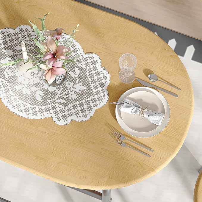 VECELO 3-Piece Dining Table Set for Kitchen Breakfast Nook, Wood Grain Oval Tabletop and Metal Frame with Built-in Wine Rack, for Small Spaces, Natural & Silver