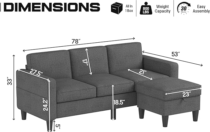 ZeeFu Couch for Living Room - 78'' Beige Linen 3 Seat L-Shaped Sectional Sofa Couches with Storage Ottoman - Modern Small Space Upholstered Furniture Sofa Set for Office Small Space Apartment Bedroom