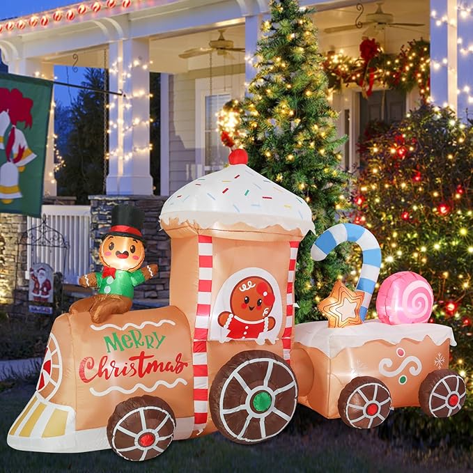 VCUTEKA Christmas Inflatables Gingerbread Outdoor Decorations - 8FT Inflatable Gingerbread Man in Gingerbread House Train Christmas Blow Up Yard Lighted for Holiday Garden Lawn Xmas Decor