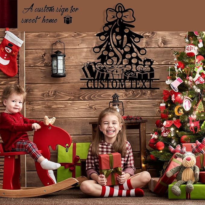 Personalized Christmas Tree Metal Sign, Custom Signs Outdoor Metal Wall Decor, Merry Christmas Tree Signs Wall Decoration for Home Living Room, Bedroom, Office, Garden, Porch