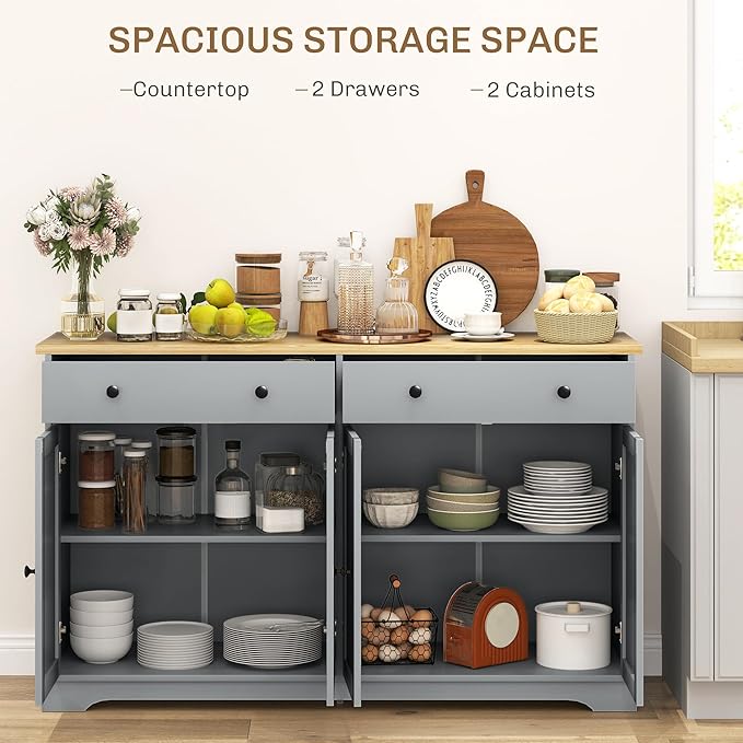 HOMCOM Sideboard Buffet Cabinet with Storage, 55" Modern Kitchen Cabinet with 4 Doors, 2 Drawers and 2 Adjustable Shelves, Coffee Bar Cabinet, Gray