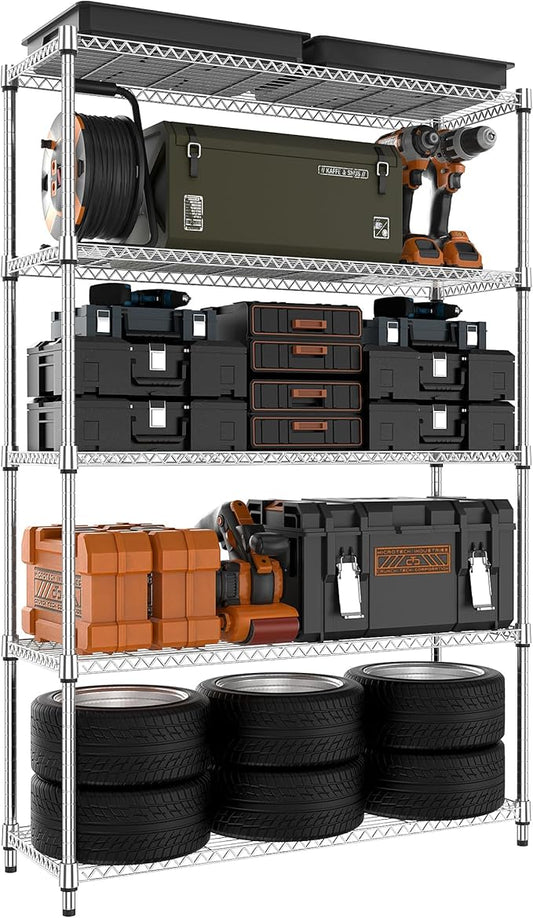 MZG 1750 lbs 5 Tier Storage Rack Metal Wire Shelving Unit, Storage Standing Household Shelf Organizer for Kitchen Pantry Closet Garage Basement Utility Room, Chrome 15.7" D x 45.3" W x 70.4" H