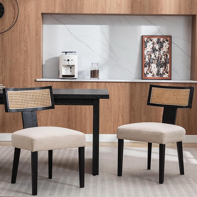 Rattan Dining Chairs Set of 2, Modern Dining Chairs Kitchen Dining Room Chair, Curved Cane Back Upholstered Linen Fabric Dining Chair with Black Wood Frame, Beige