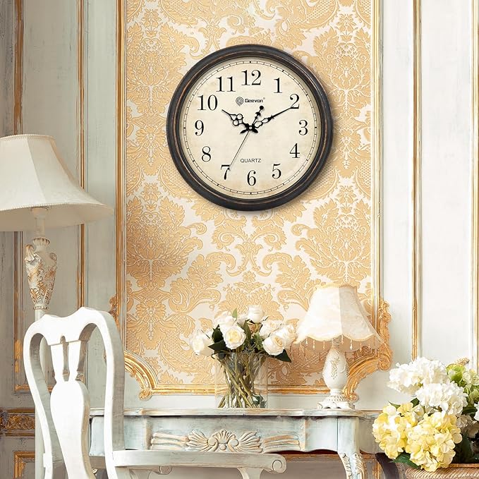 Geevon Vintage Wall Clock, Silent 18" Non Ticking Retro Round Clock Quartz Decorative Battery Operated Wall Clock for Kitchen, Office, Bedroom, Living Room, Classroom, Decor