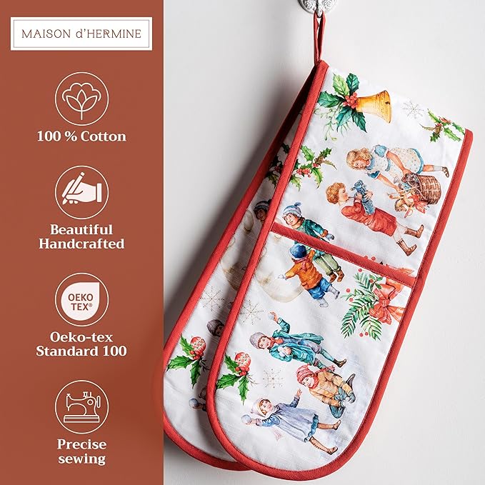 Maison d' Hermine Double Oven Mitt (7" x 35") 100% Cotton Heat Resistant BBQ Cooking Gloves with Loop for Thanksgiving Christmas Decorations Baking Cooking Barbeque Handling Hot Pan (Chromo)