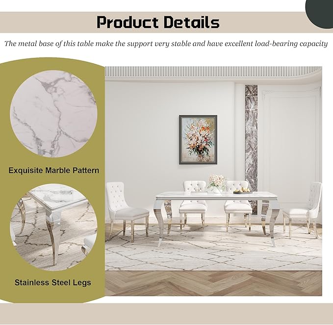 70" Large Marble Dining Table for 4-6 People, Modern Kitchen Table with Faux Marble top and Stainless Steel Leg, Perfect for Home Kitchen Living Room, White,Silver